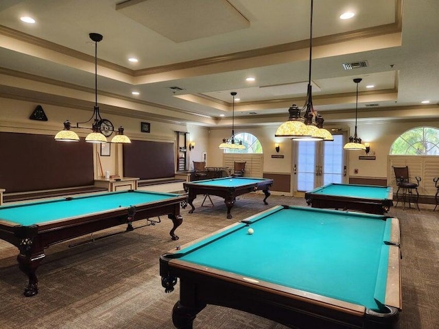 296 NW Toscane Trl, Port Saint Lucie, FL 34986 - game room featuring a raised ceiling, carpet, billiards table, ornamental molding, and french doors