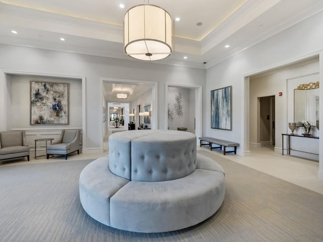 17155 SW Ambrose Way, Port Saint Lucie, FL 34986 - living area featuring light carpet, ornamental molding, recessed lighting, baseboards, and a chandelier