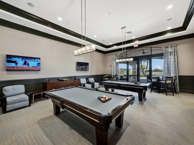 17155 SW Ambrose Way, Port Saint Lucie, FL 34986 - rec room with carpet, ornamental molding, a raised ceiling, billiards table, and wainscoting