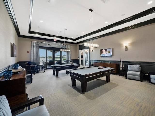 17155 SW Ambrose Way, Port Saint Lucie, FL 34986 - recreation room featuring crown molding, light carpet, billiards table, a raised ceiling, and a wainscoted wall