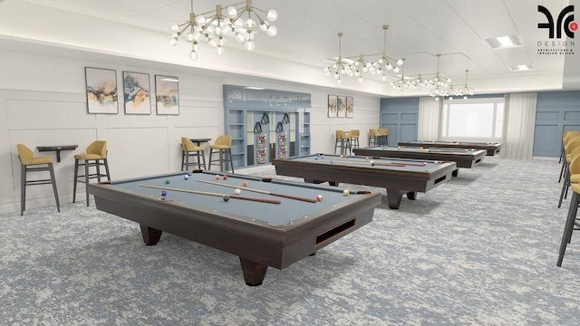 9998 Seacrest Cir Unit C, Boynton Beach, FL 33437 - game room featuring pool table, a decorative wall, carpet flooring, and a chandelier