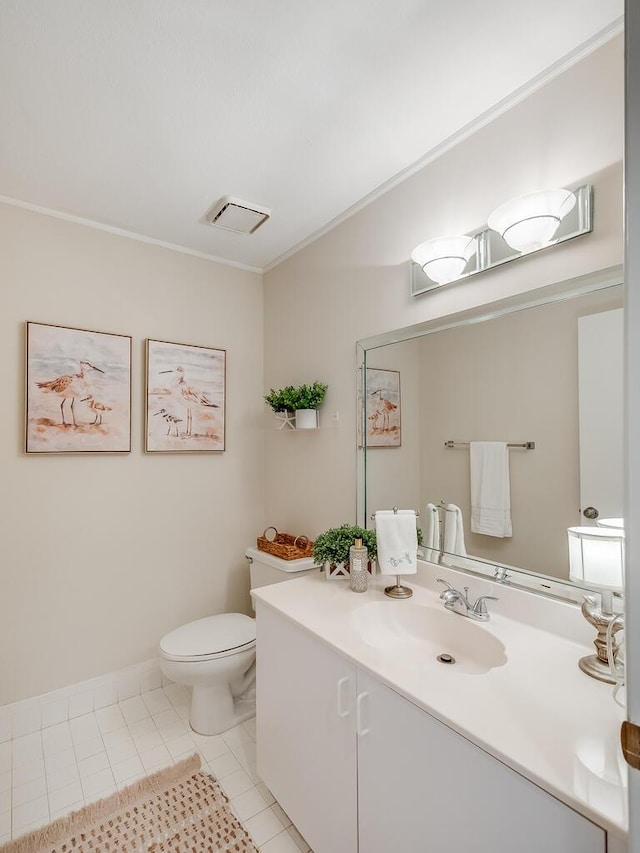 8520 Lake Cypress Rd, Lake Worth, FL 33467 - bathroom featuring toilet, vanity, tile patterned floors, and ornamental molding