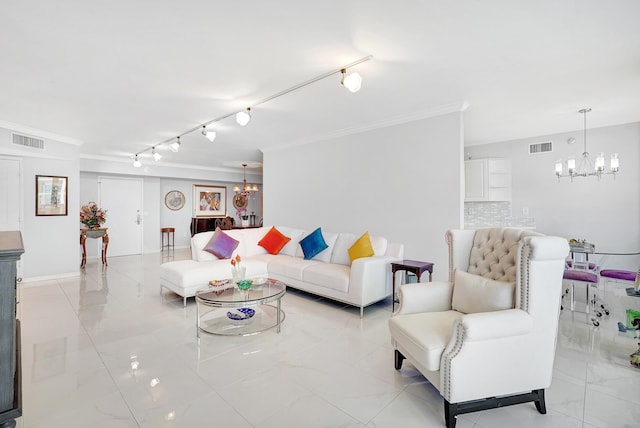 16711 Collins Ave Unit 1906, Sunny Isles Beach, FL 33160 - living area featuring a chandelier, ornamental molding, and track lighting