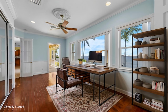 1530 NE Dixie Hwy, Jensen Beach, FL 34957 - office area with ornamental molding, hardwood / wood-style floors, ceiling fan, a wainscoted wall, and recessed lighting