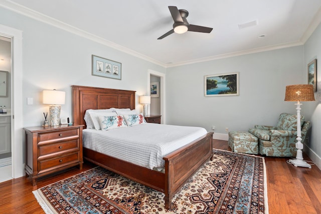 6460 SE Harbor Cir, Stuart, FL 34996 - bedroom with dark wood finished floors, crown molding, baseboards, and a ceiling fan