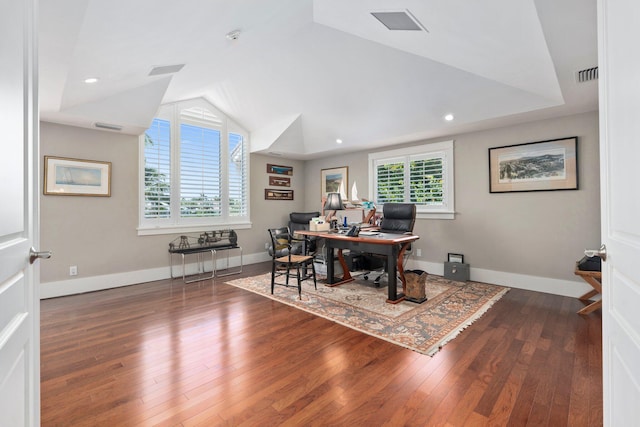 6460 SE Harbor Cir, Stuart, FL 34996 - office featuring lofted ceiling, wood finished floors, recessed lighting, and baseboards