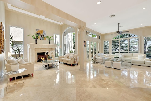 3628 S Ocean Blvd, Highland Beach, FL 33487 - living room with plenty of natural light, a premium fireplace, a ceiling fan, and recessed lighting