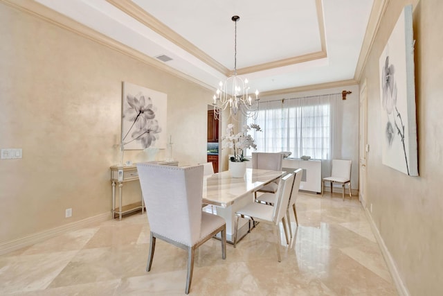 3628 S Ocean Blvd, Highland Beach, FL 33487 - dining room with ornamental molding, a chandelier, a tray ceiling, and baseboards