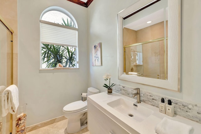 3628 S Ocean Blvd, Highland Beach, FL 33487 - full bathroom with a shower with door, toilet, vanity, tile patterned flooring, and baseboards