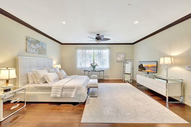 3628 S Ocean Blvd, Highland Beach, FL 33487 - bedroom featuring ornamental molding, wood finished floors, recessed lighting, baseboards, and a ceiling fan