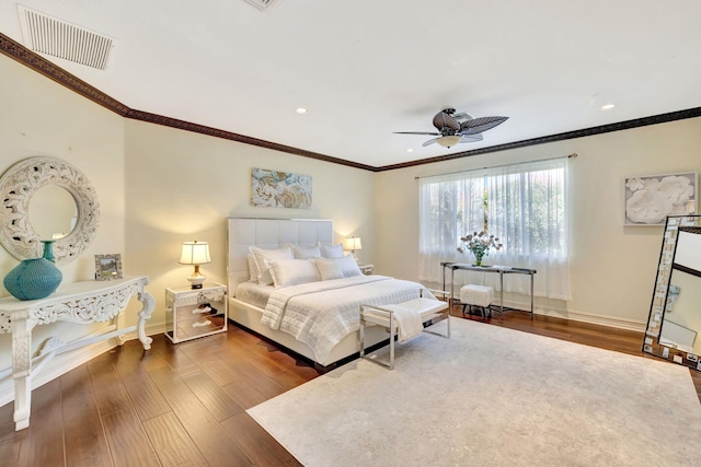 3628 S Ocean Blvd, Highland Beach, FL 33487 - bedroom featuring dark wood-style floors, crown molding, baseboards, recessed lighting, and ceiling fan