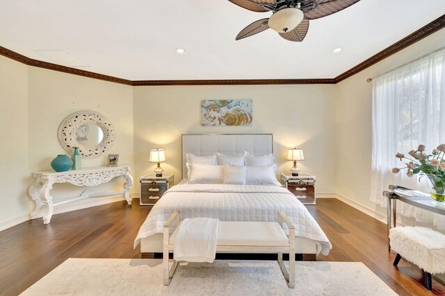 3628 S Ocean Blvd, Highland Beach, FL 33487 - bedroom with crown molding, baseboards, wood finished floors, ceiling fan, and recessed lighting