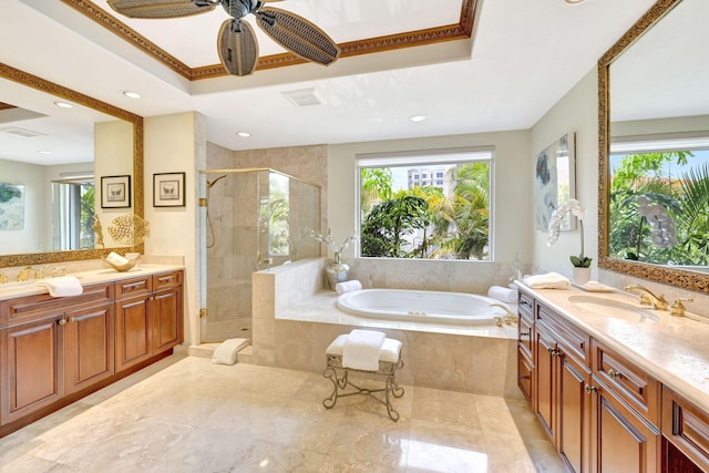 3628 S Ocean Blvd, Highland Beach, FL 33487 - bathroom featuring two vanities, a stall shower, a bath, a raised ceiling, and recessed lighting
