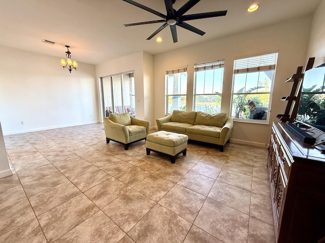 855 Marina Del Ray Ln Unit 2, West Palm Beach, FL 33401 - living area featuring a chandelier, recessed lighting, light tile patterned flooring, a ceiling fan, and baseboards