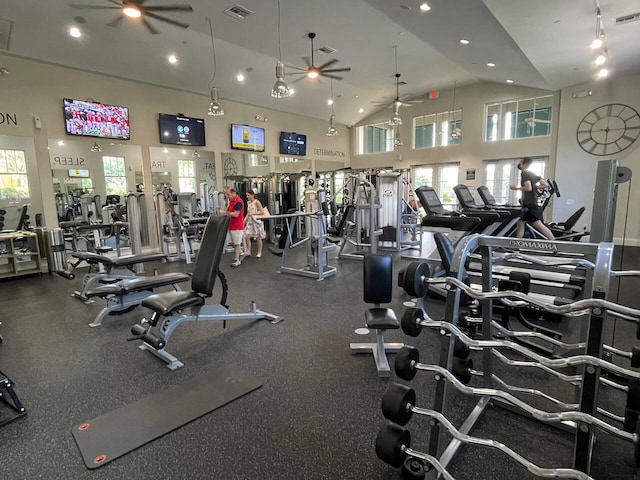 855 Marina Del Ray Ln Unit 2, West Palm Beach, FL 33401 - exercise room featuring ceiling fan, high vaulted ceiling, and recessed lighting