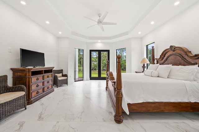 7887 150th Ct N, Palm Beach Gardens, FL 33418 - bedroom featuring recessed lighting, a raised ceiling, marble finish flooring, french doors, and ceiling fan