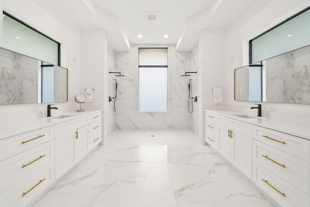 7887 150th Ct N, Palm Beach Gardens, FL 33418 - bathroom with a marble finish shower, two vanities, marble tiled flooring, and recessed lighting