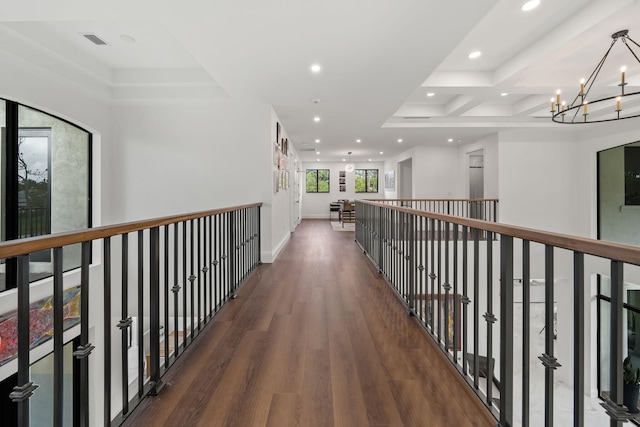 7887 150th Ct N, Palm Beach Gardens, FL 33418 - hall featuring recessed lighting, wood finished floors, a chandelier, and coffered ceiling