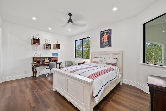 7887 150th Ct N, Palm Beach Gardens, FL 33418 - bedroom featuring dark wood-style flooring, recessed lighting, baseboards, and a ceiling fan