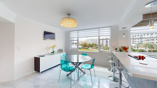 1340 S Ocean Blvd Unit 308, Pompano Beach, FL 33062 - dining space featuring crown molding, light marble finish flooring, baseboards, and a chandelier