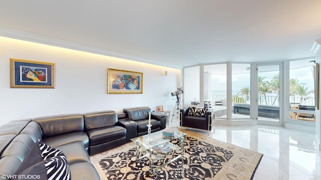 1340 S Ocean Blvd Unit 308, Pompano Beach, FL 33062 - living area featuring crown molding and floor to ceiling windows