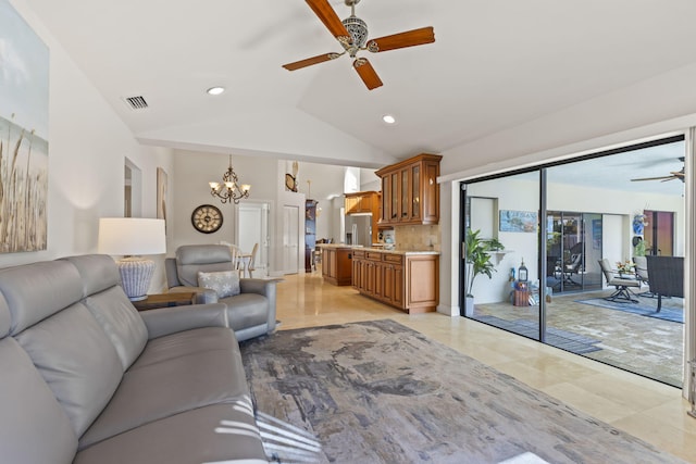 3819 N Ocean Dr, Singer Island, FL 33404 - living room with ceiling fan, a chandelier, vaulted ceiling, and recessed lighting
