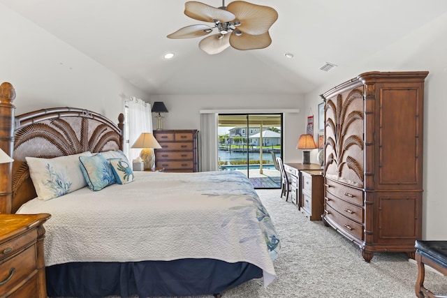 3819 N Ocean Dr, Singer Island, FL 33404 - bedroom with access to exterior, light colored carpet, vaulted ceiling, a ceiling fan, and recessed lighting