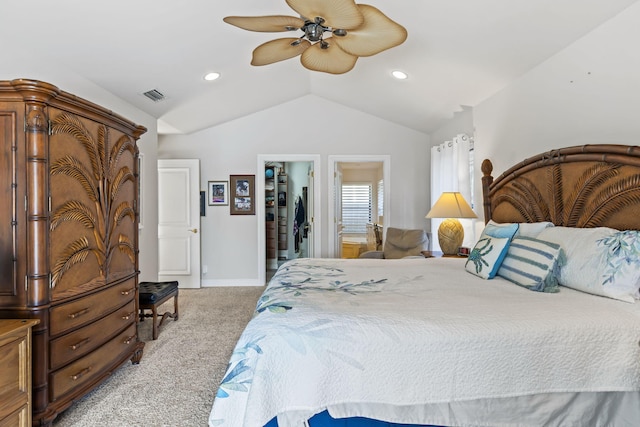 3819 N Ocean Dr, Singer Island, FL 33404 - bedroom with lofted ceiling, light carpet, recessed lighting, a spacious closet, and ceiling fan