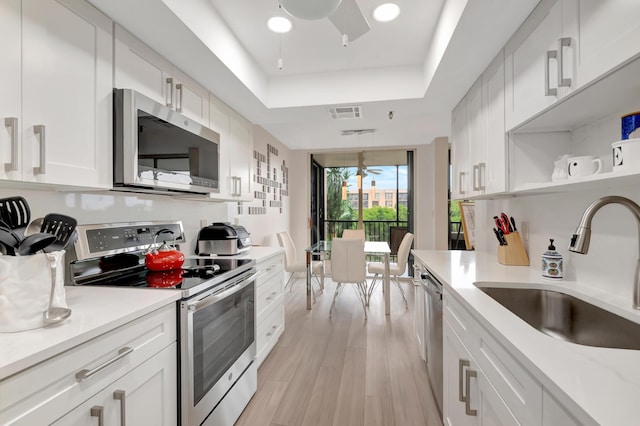 20100 Boca W Dr Unit 163, Boca Raton, FL 33434 - kitchen with stainless steel appliances, a tray ceiling, a sink, light countertops, and a ceiling fan