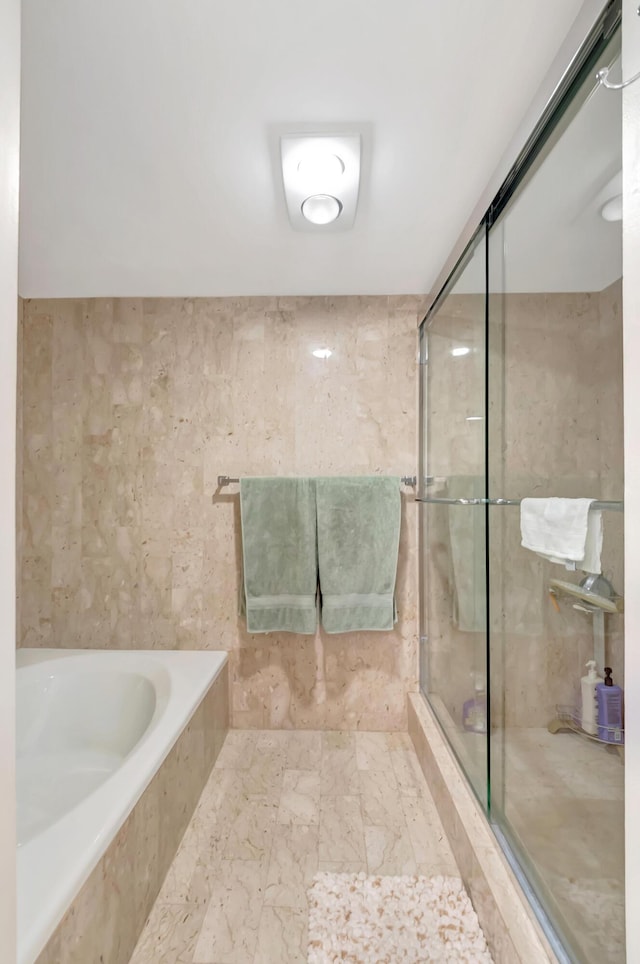 20100 Boca W Dr Unit 163, Boca Raton, FL 33434 - bathroom with a bath, a shower stall, and marble finish floors