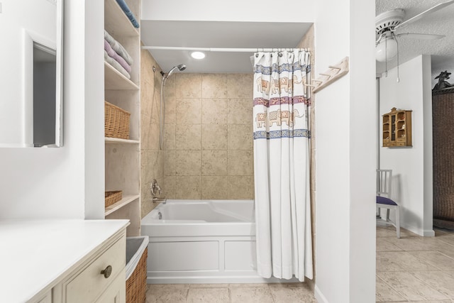 2513 25th Ln, Palm Beach Gardens, FL 33418 - bathroom featuring shower / bathtub combination with curtain, vanity, ceiling fan, baseboards, and recessed lighting