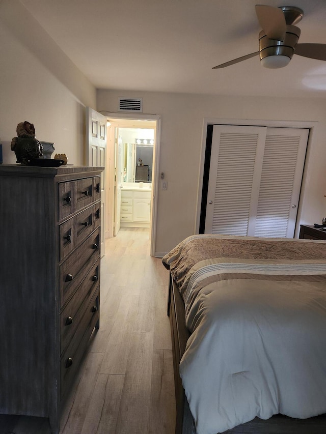 302 Wellington Unit B, West Palm Beach, FL 33417 - bedroom with light wood finished floors, a closet, and ceiling fan