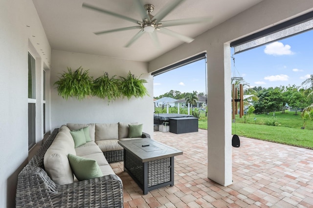 3974 SW Jarmer Rd, Port Saint Lucie, FL 34953 - view of patio / terrace with a hot tub, a ceiling fan, and an outdoor hangout area