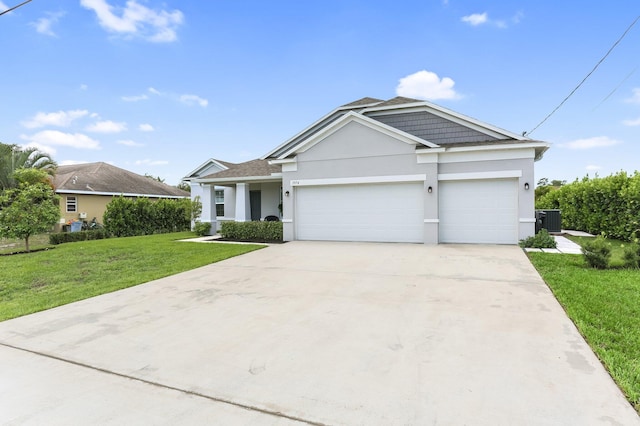 3974 SW Jarmer Rd, Port Saint Lucie, FL 34953 - view of front of house with stucco siding, a garage, a front lawn, and cooling unit