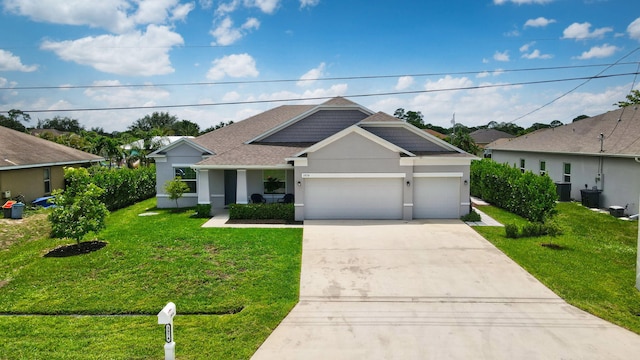 3974 SW Jarmer Rd, Port Saint Lucie, FL 34953 - view of front of house featuring driveway, a front yard, an attached garage, roof with shingles, and stucco siding