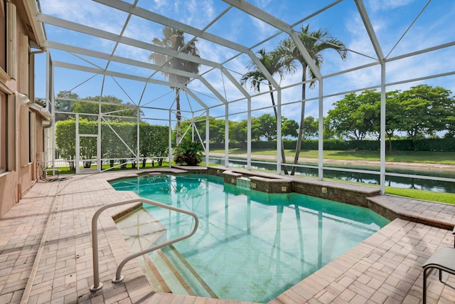 12373 Cascades Pointe Dr, Boca Raton, FL 33428 - swimming pool with a jacuzzi, a water view, glass enclosure, and a patio area