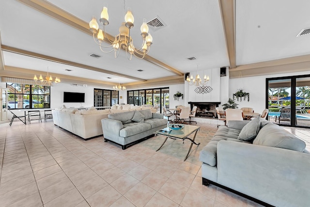 180 Cypress Club Dr Unit 813, Pompano Beach, FL 33060 - living area featuring a chandelier, light tile patterned floors, beam ceiling, and plenty of natural light
