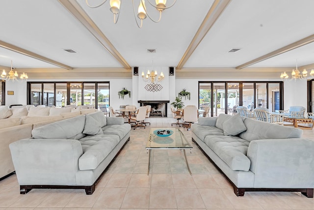 180 Cypress Club Dr Unit 813, Pompano Beach, FL 33060 - living room featuring a chandelier, beam ceiling, light tile patterned flooring, and plenty of natural light