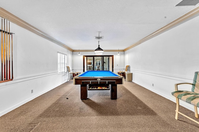 180 Cypress Club Dr Unit 813, Pompano Beach, FL 33060 - rec room with pool table, ornamental molding, carpet flooring, and a textured ceiling