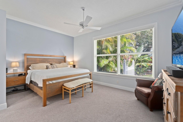 2683 SW Greenwich Way, Palm City, FL 34990 - bedroom featuring ornamental molding, light carpet, baseboards, and a ceiling fan