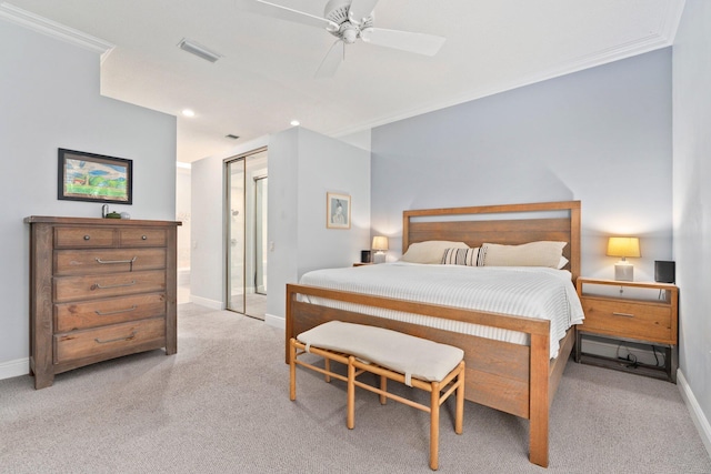 2683 SW Greenwich Way, Palm City, FL 34990 - bedroom featuring baseboards, crown molding, light colored carpet, a ceiling fan, and recessed lighting