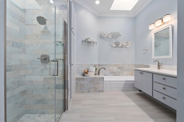 2683 SW Greenwich Way, Palm City, FL 34990 - full bath featuring a skylight, a garden tub, vanity, crown molding, and a stall shower