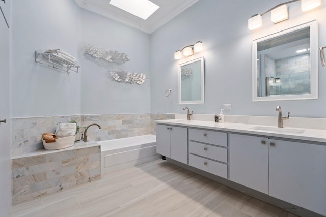 2683 SW Greenwich Way, Palm City, FL 34990 - bathroom featuring a skylight, double vanity, a garden tub, and ornamental molding