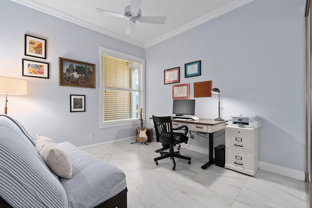 2683 SW Greenwich Way, Palm City, FL 34990 - office with light marble finish flooring, baseboards, crown molding, and a ceiling fan