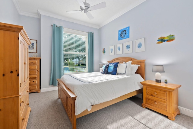 2683 SW Greenwich Way, Palm City, FL 34990 - bedroom with light colored carpet, crown molding, baseboards, and a ceiling fan