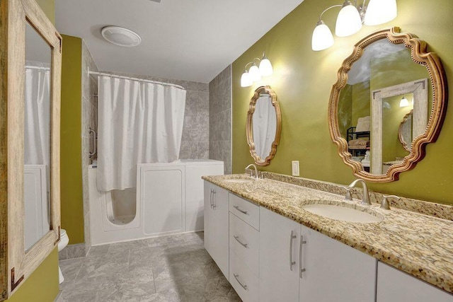 10112 Marwood Pl, Boynton Beach, FL 33437 - full bathroom featuring double vanity and curtained shower