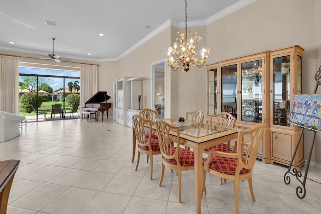 6908 Adriano Dr, Boynton Beach, FL 33437 - dining area featuring light tile patterned flooring, ornamental molding, a chandelier, recessed lighting, and a ceiling fan