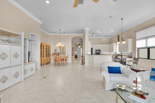 6908 Adriano Dr, Boynton Beach, FL 33437 - living area featuring ceiling fan, light tile patterned floors, a chandelier, ornamental molding, and recessed lighting