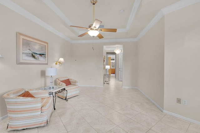 6908 Adriano Dr, Boynton Beach, FL 33437 - sitting room with a raised ceiling, ceiling fan, crown molding, light tile patterned floors, and baseboards