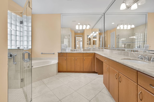 6908 Adriano Dr, Boynton Beach, FL 33437 - bathroom featuring double vanity, a shower stall, a bath, and tile patterned flooring
